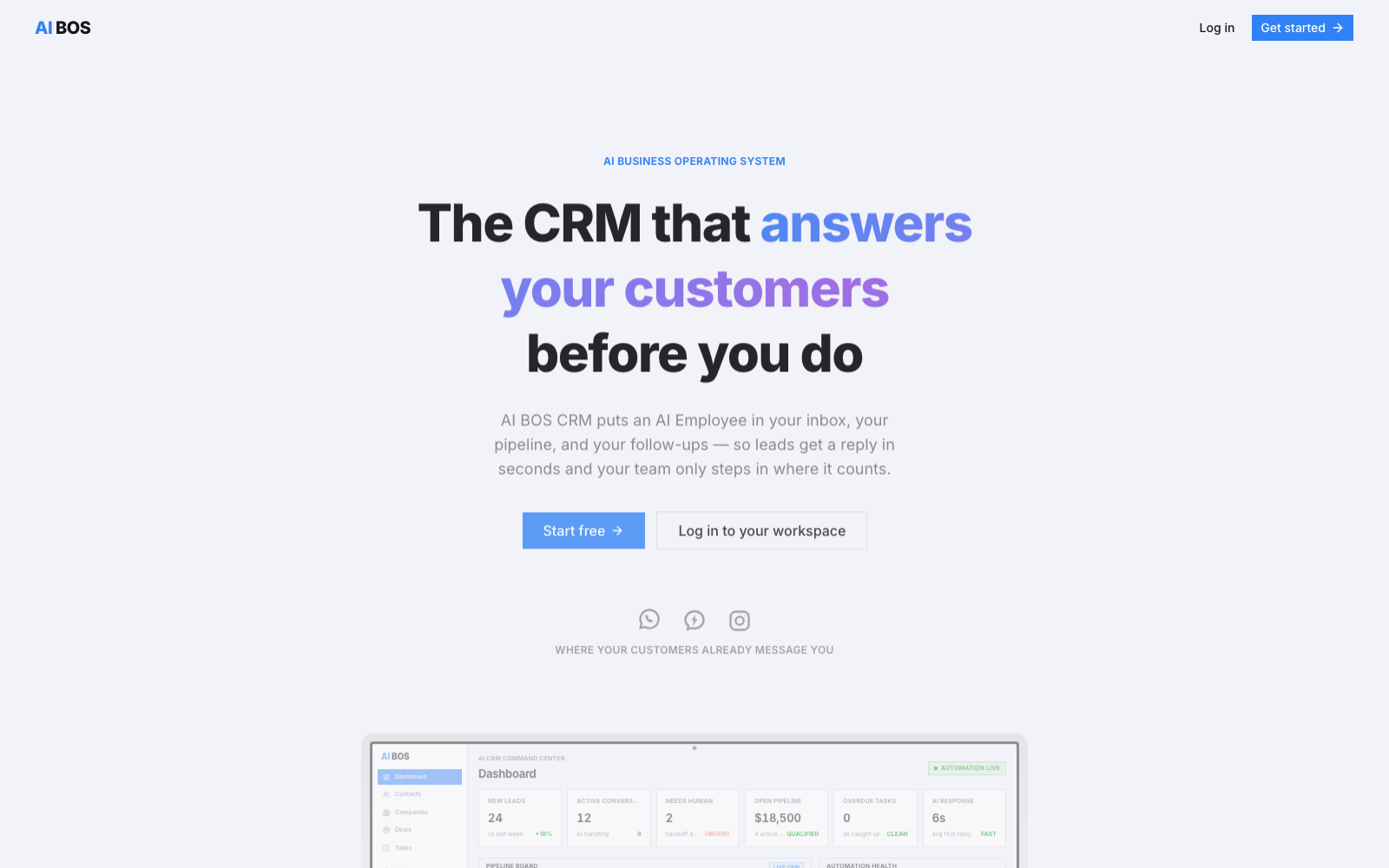 AI BOS CRM live landing page and dashboard preview