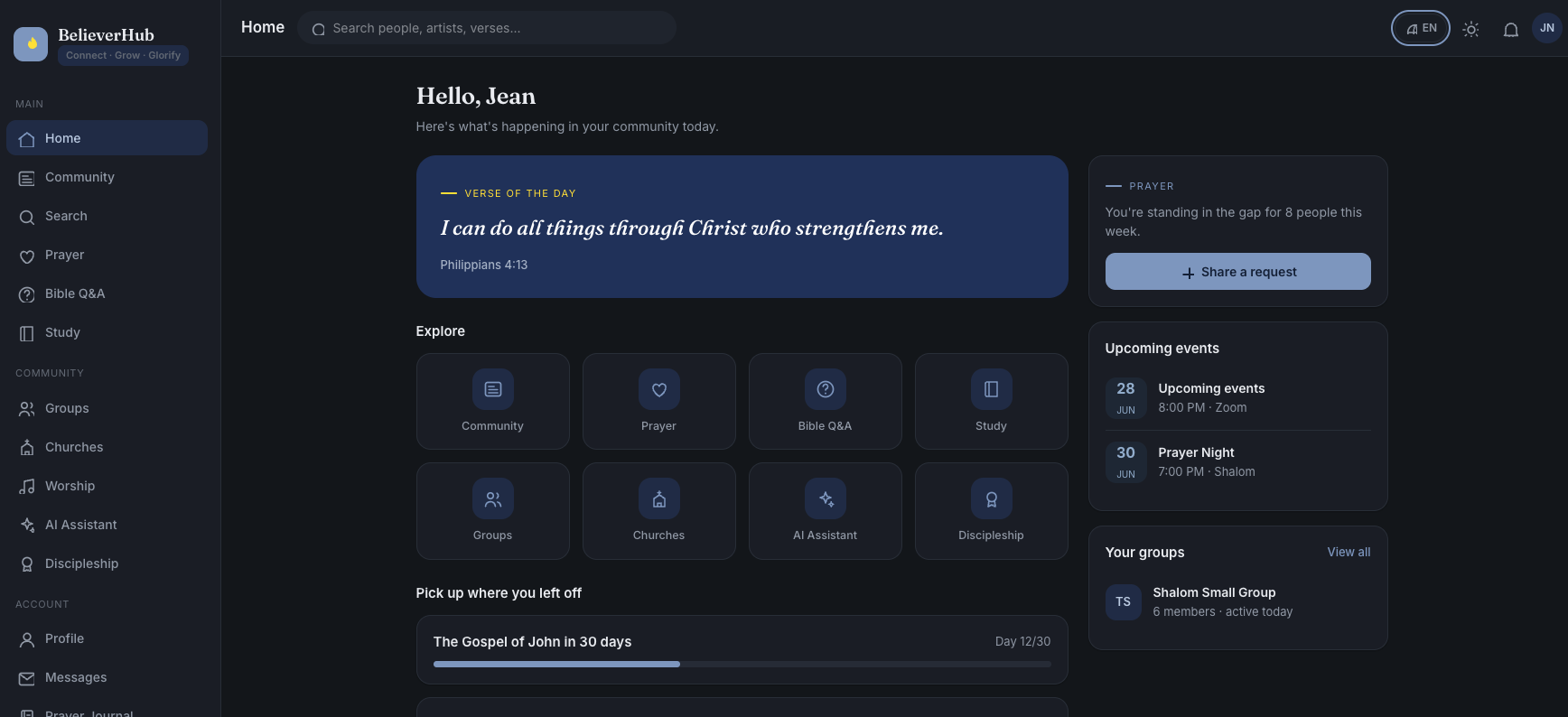 BelieverHub live product home dashboard preview